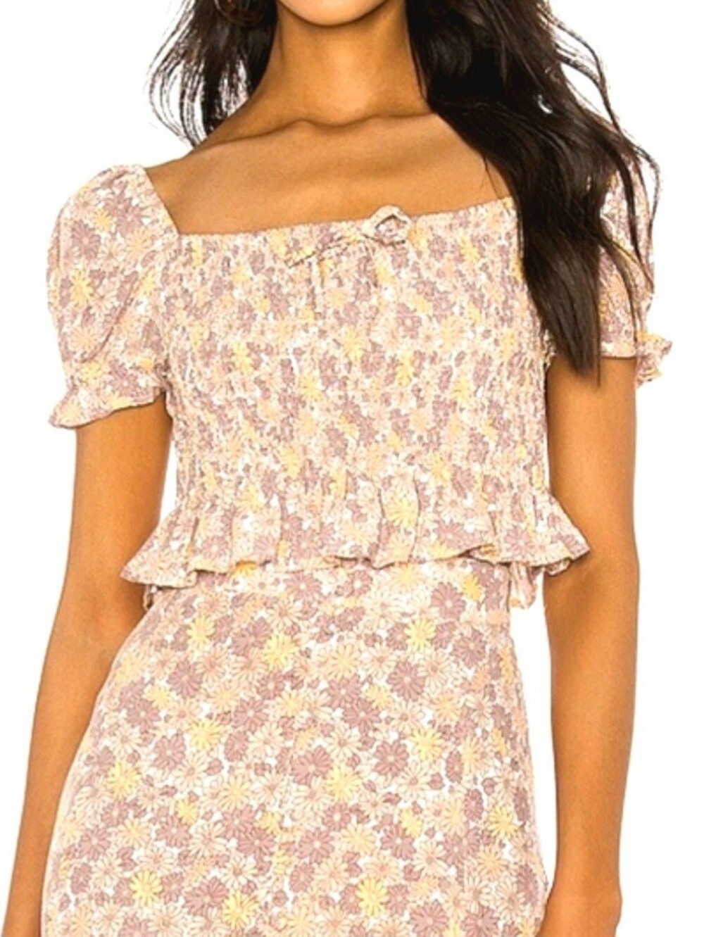 Faithfull the Brand Cropped Marie Top Smocked Square Neck Floral Romantic Size 6